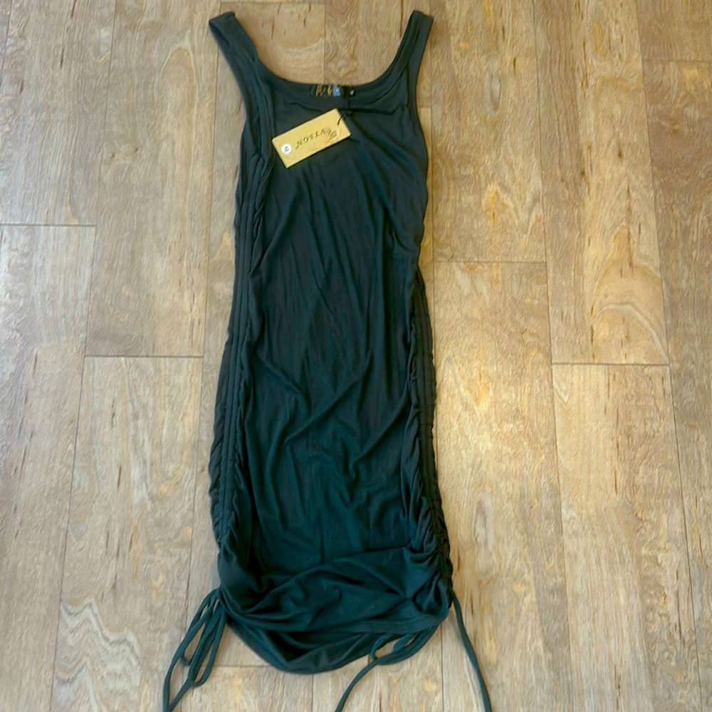 Green midi stretchy dress with ruching and ties